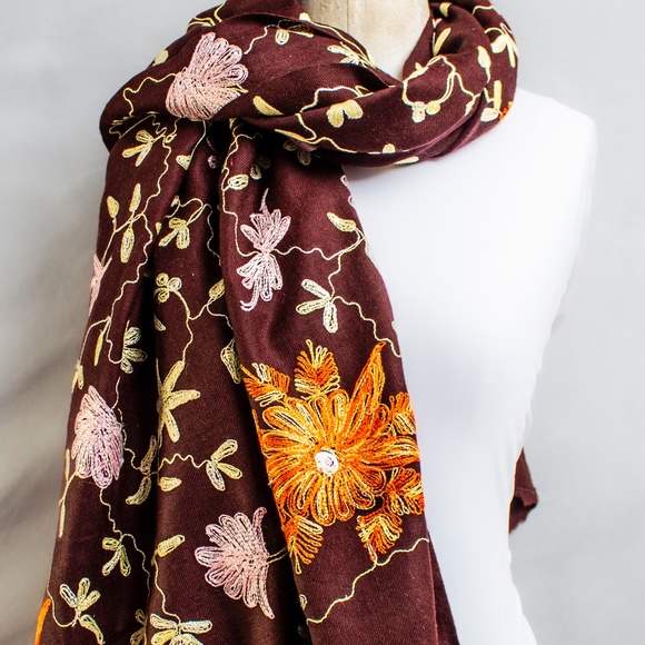 KASHMIRI Floral Shawl | Kashmir Wool Hand-Embroidered Floral Shawl | 72” x 24” - Picture 9 of 11